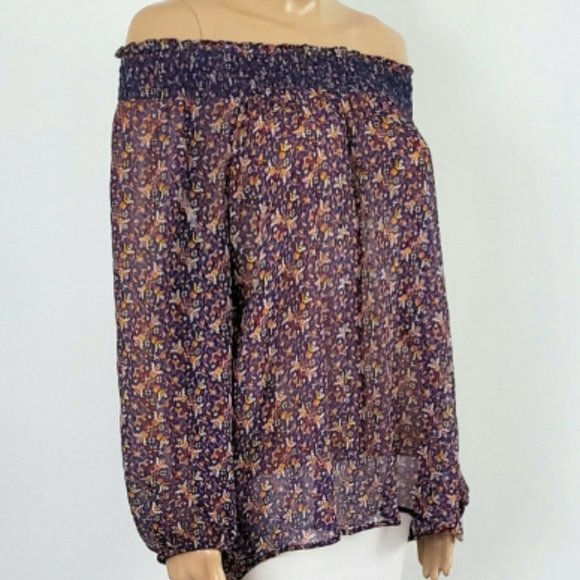 JOIE Azzedine Silk Multicolor Smocked Off Shoulder Sheer Pattern Blouse XS $268 - Picture 4 of 7